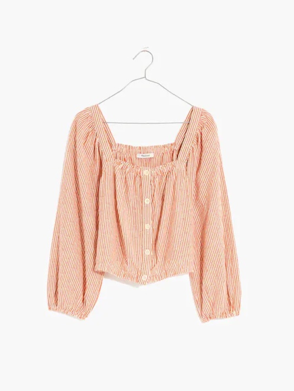 Puff-Sleeve Button-Front Crop Top in Embroidered Stripe